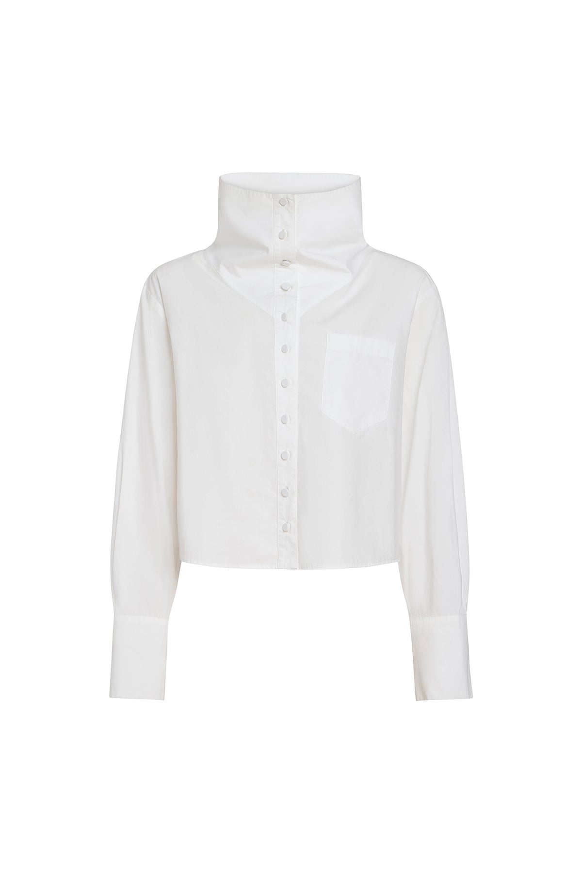 A white long-sleeve cropped button-up shirt with a high folded collar, shown flat against a solid white background.