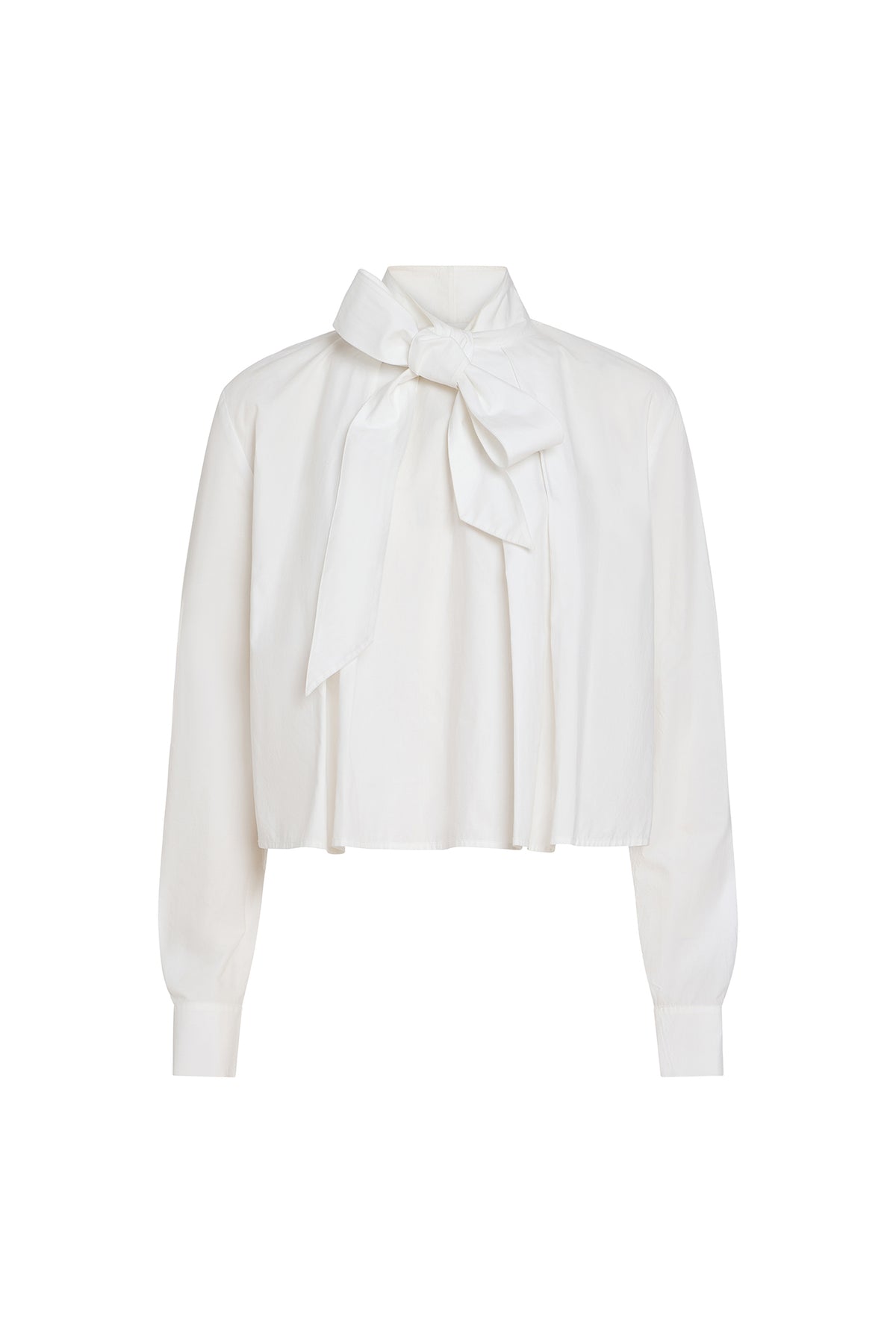 A white long-sleeve blouse with a high collar and a large bow tied at the front, shown against a plain white background.