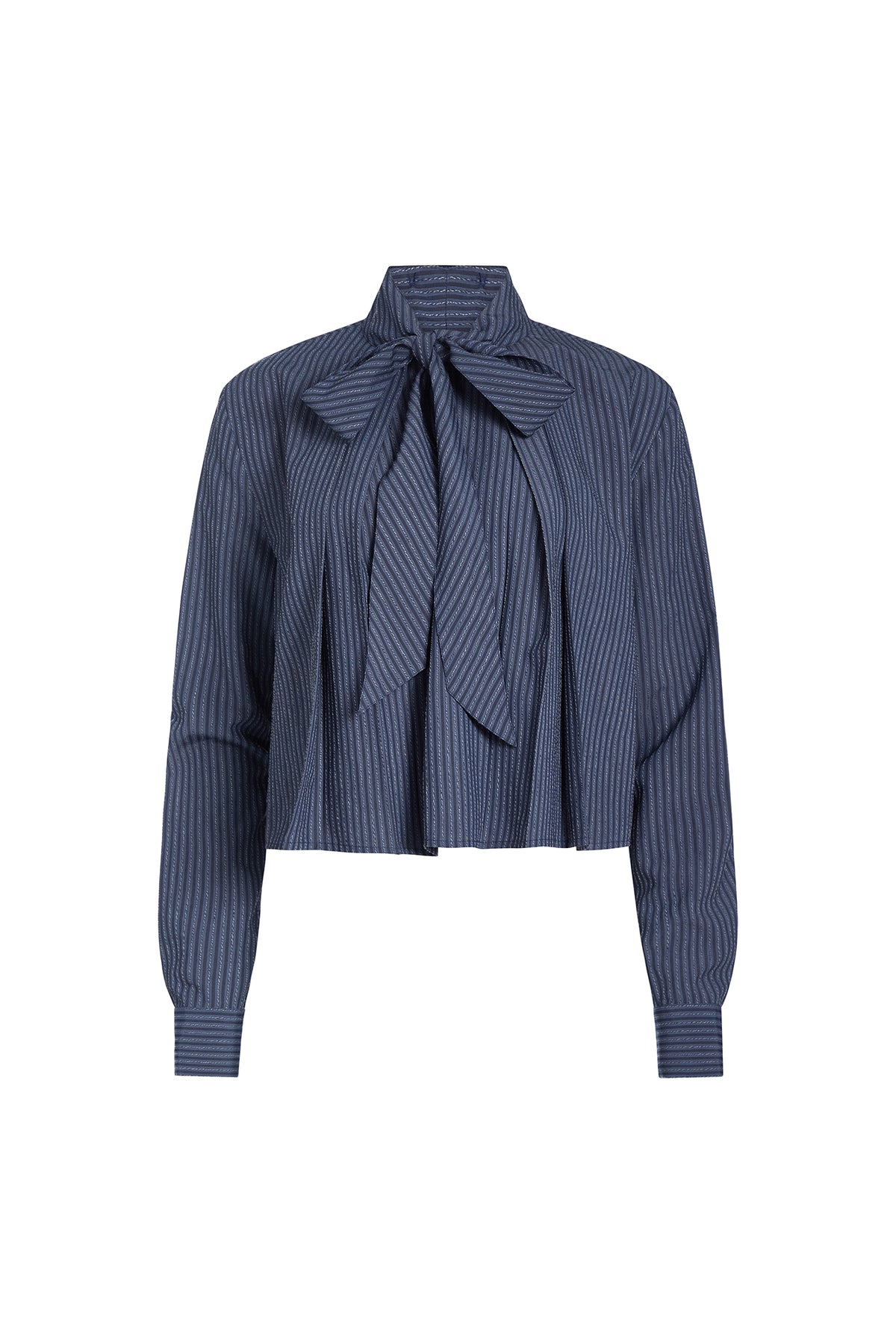 A cropped long-sleeve blouse with vertical navy and white stripes, featuring a large bow tie at the collar and a pleated front design, shown against a plain white background.
