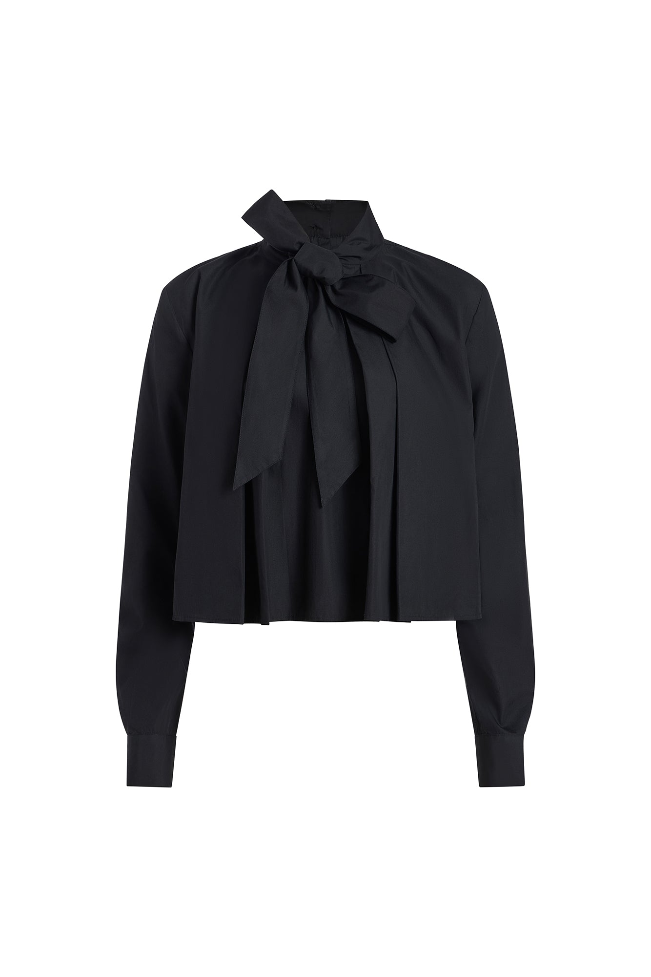A black long-sleeve blouse with a high collar and a large bow tied at the front, shown on a plain white background.