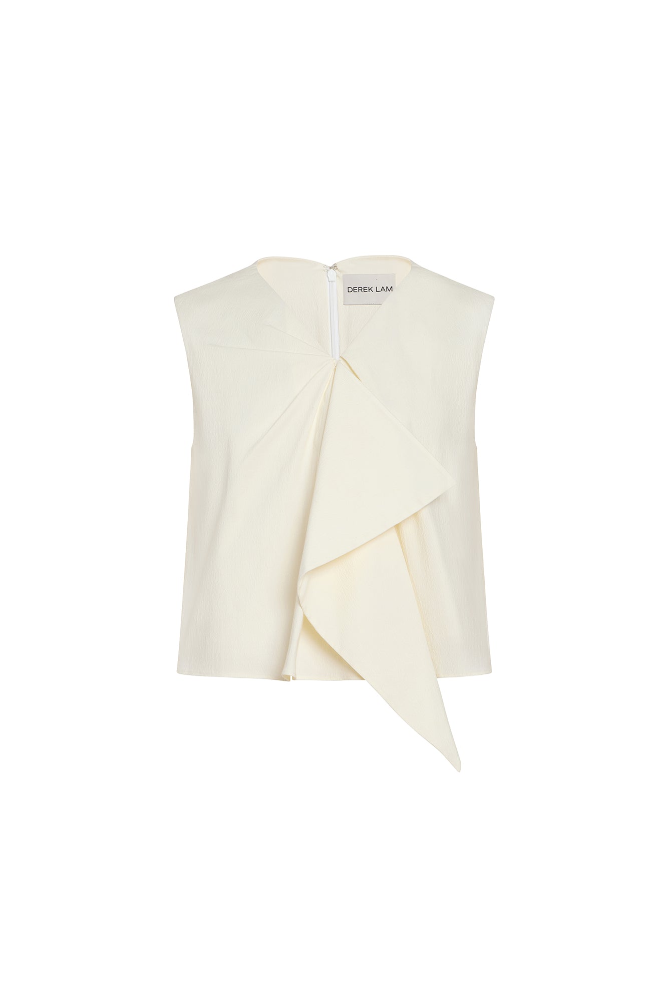 An off-white sleeveless top by Derek Lam, featuring a draped asymmetrical front overlay and a white zipper at the neckline, shown on a plain white background.