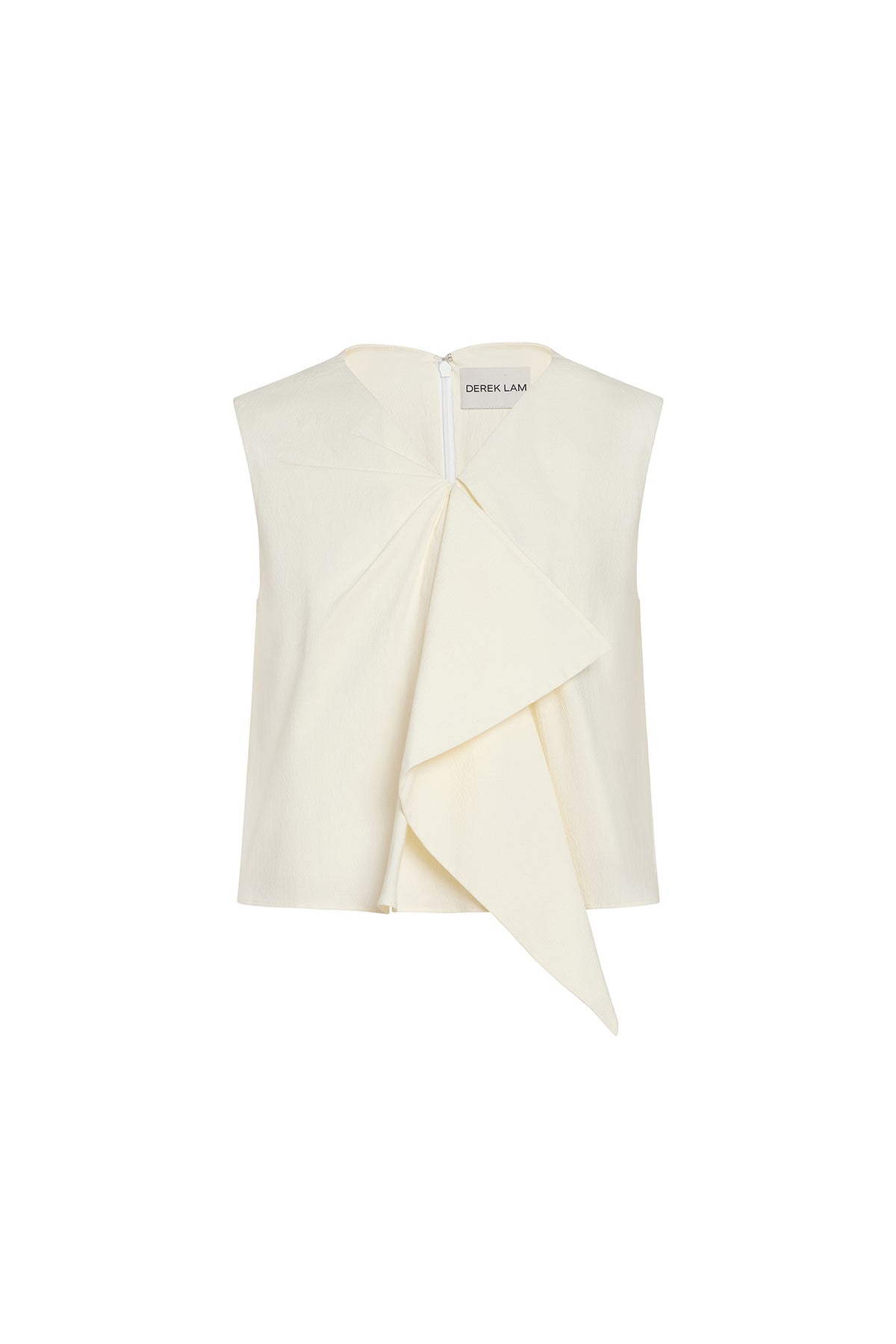 An off-white sleeveless top by Derek Lam, featuring a draped asymmetrical front overlay and a white zipper at the neckline, shown on a plain white background.