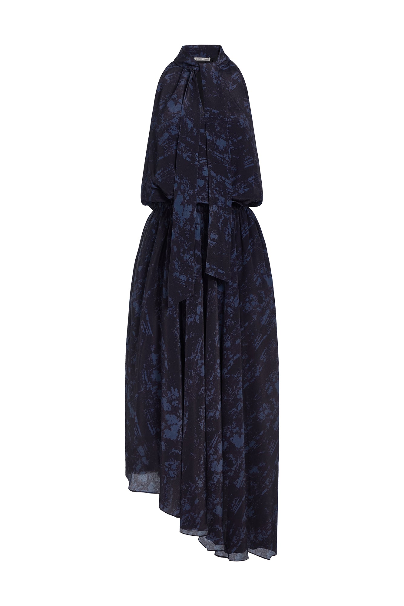 A sleeveless dark navy blue and black abstract patterned dress with a high collar, tie neckline, and asymmetrical draped skirt, shown on a plain white background.