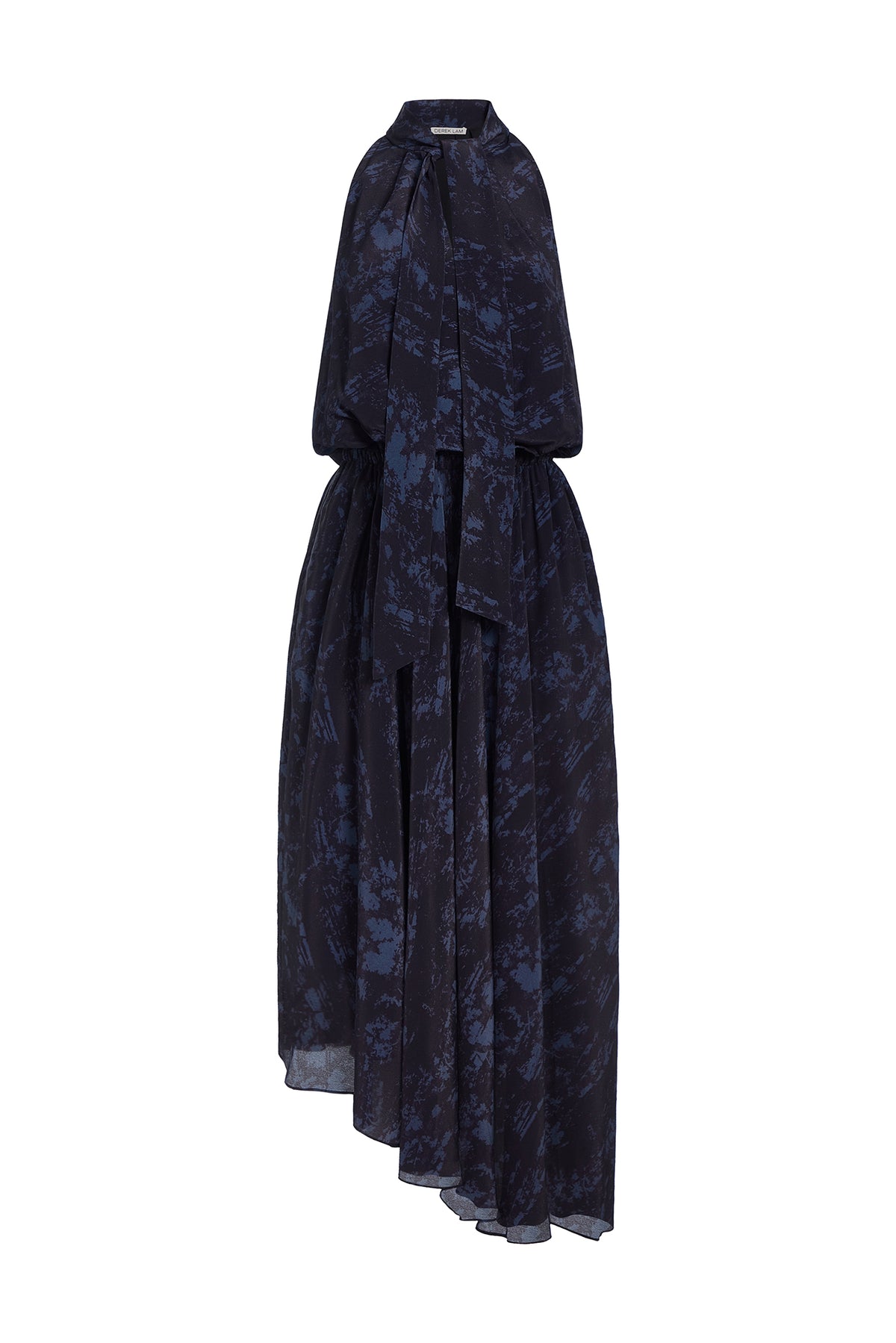 A sleeveless dark navy blue and black abstract patterned dress with a high collar, tie neckline, and asymmetrical draped skirt, shown on a plain white background.