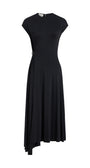 A black midi dress with cap sleeves, a round neckline, and an asymmetrical draped hemline, shown against a plain white background.