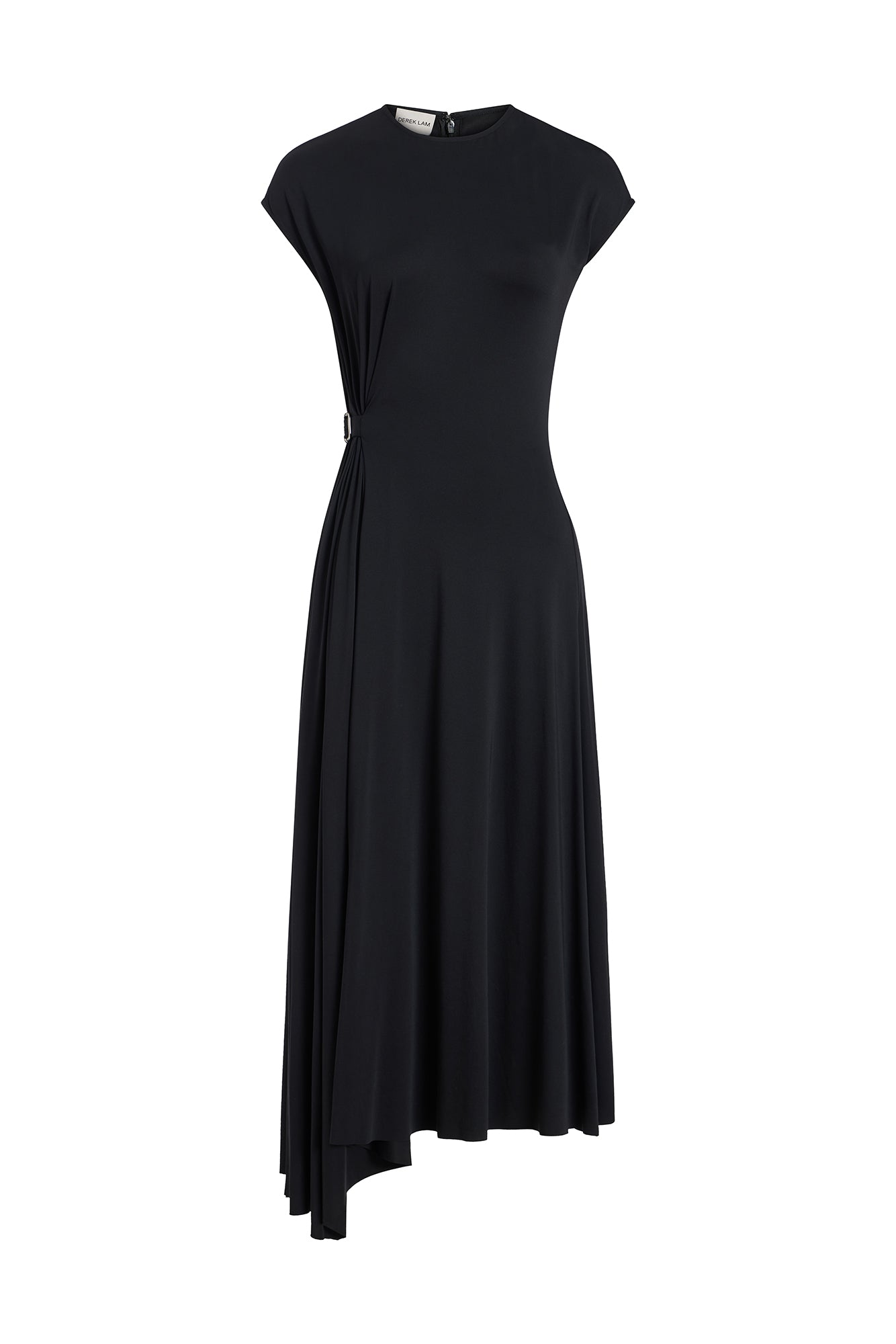 A black midi dress with cap sleeves, a round neckline, and an asymmetrical draped hemline, shown against a plain white background.