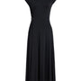 A black midi dress with cap sleeves, a round neckline, and an asymmetrical draped hemline, shown against a plain white background.