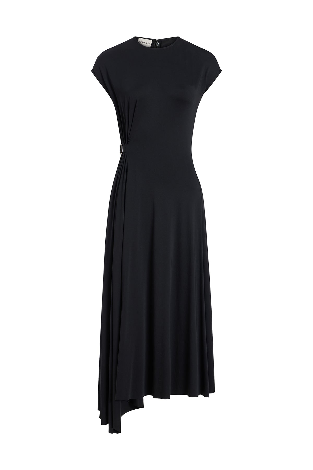 A black midi dress with cap sleeves, a round neckline, and an asymmetrical draped hemline, shown against a plain white background.