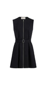 A black sleeveless fit-and-flare dress with a front zipper, a matching waist belt with a silver buckle, shown on a plain white background.
