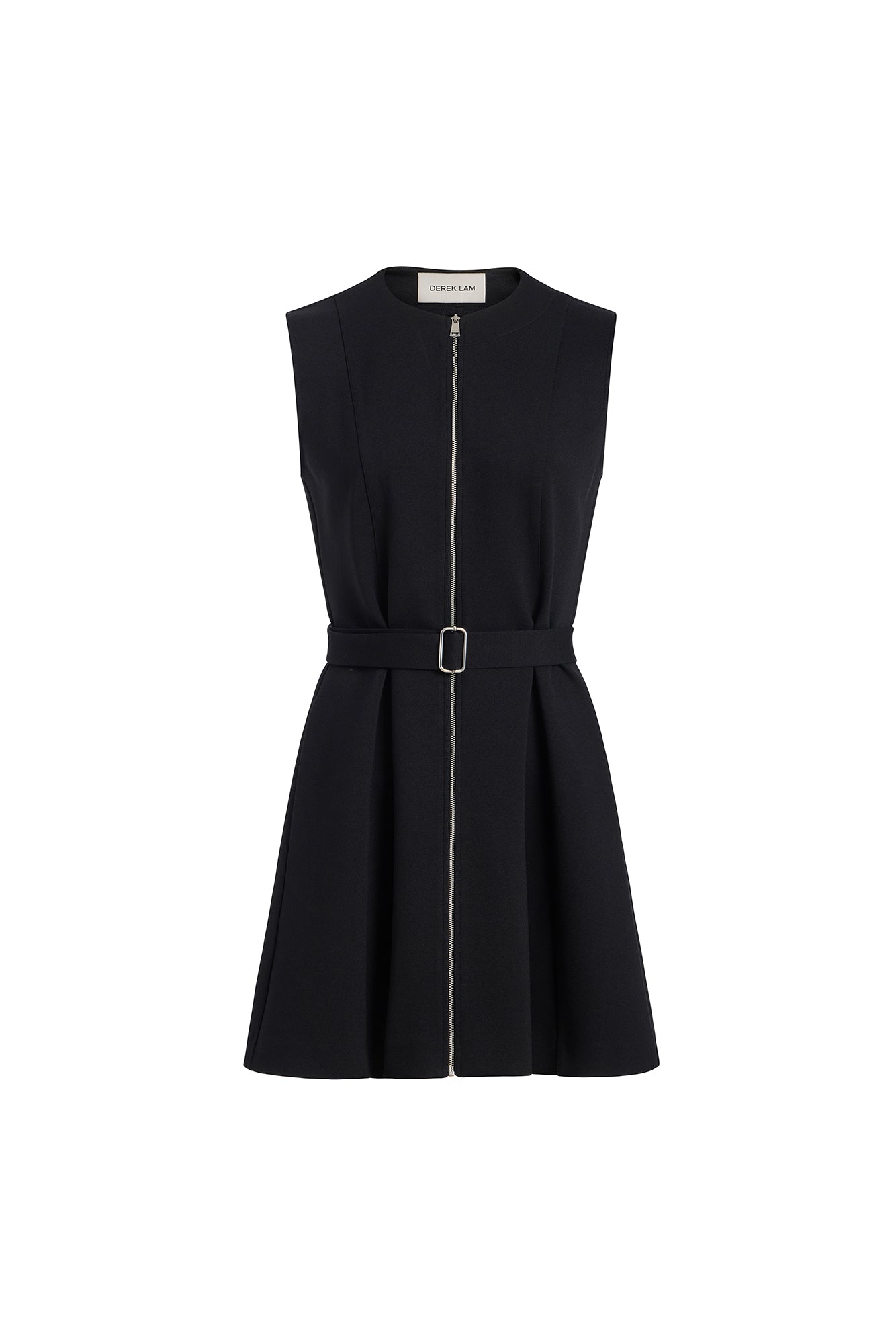 A black sleeveless fit-and-flare dress with a front zipper, a matching waist belt with a silver buckle, shown on a plain white background.