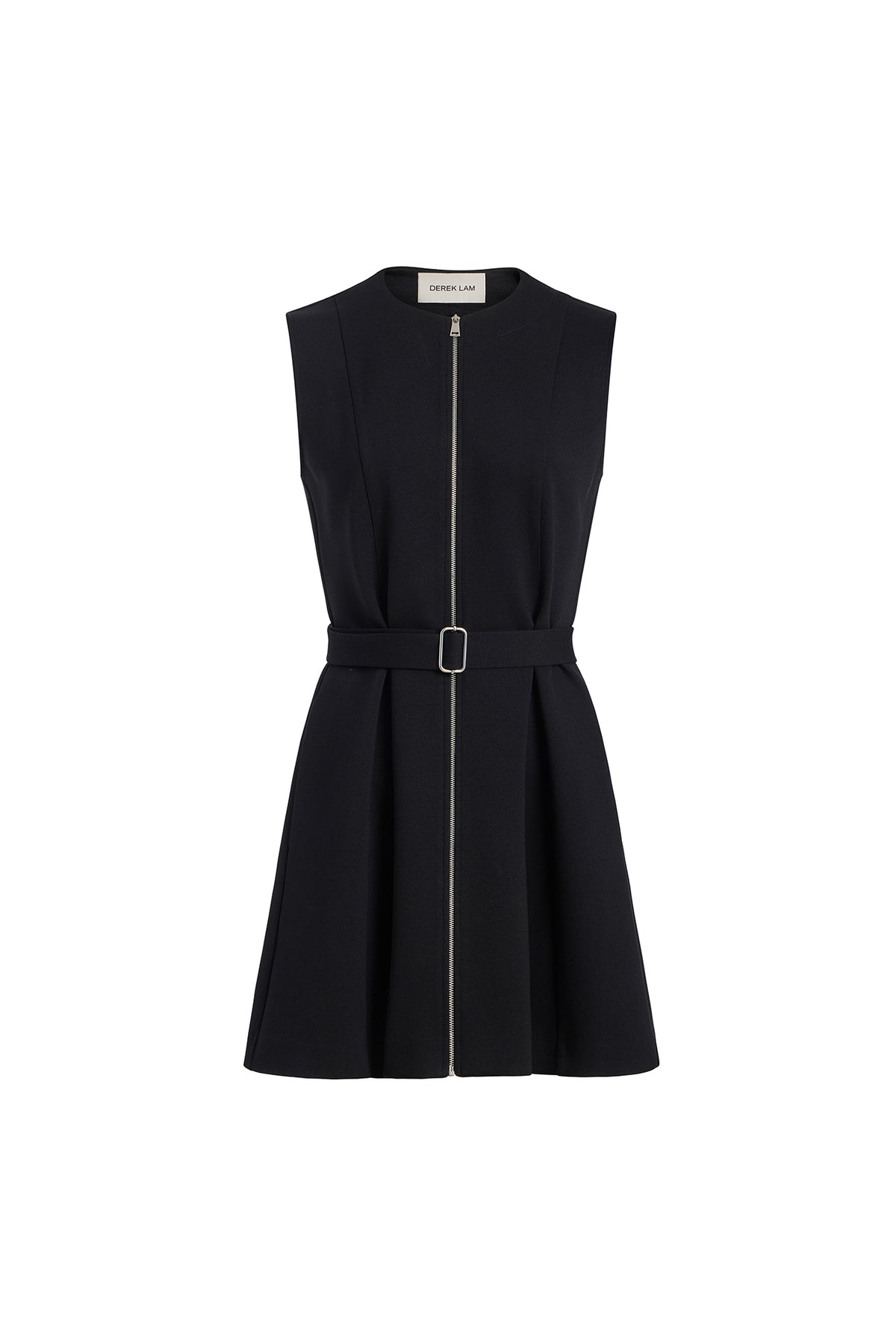 A black sleeveless fit-and-flare dress with a front zipper, a matching waist belt with a silver buckle, shown on a plain white background.