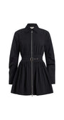 A black long-sleeve mini dress with a zip-up front, pointed collar, and a matching fabric tie belt with a gold-tone buckle, shown on a plain white background.