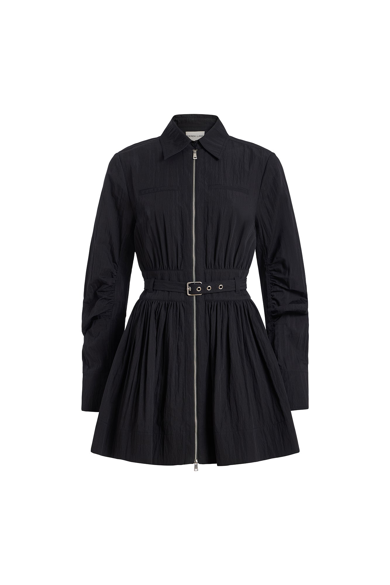 A black long-sleeve mini dress with a zip-up front, pointed collar, and a matching fabric tie belt with a gold-tone buckle, shown on a plain white background.