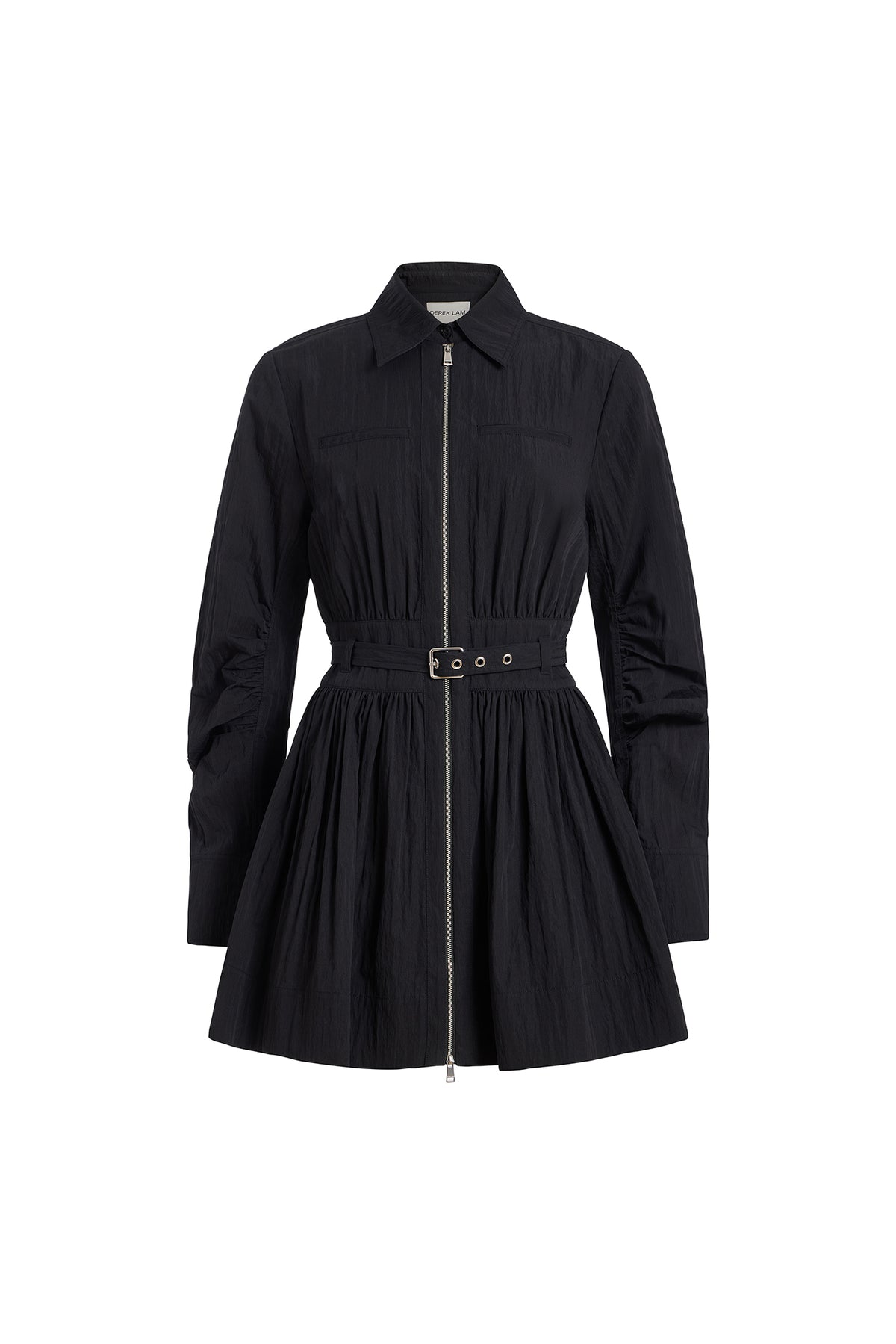 A black long-sleeve mini dress with a zip-up front, pointed collar, and a matching fabric tie belt with a gold-tone buckle, shown on a plain white background.
