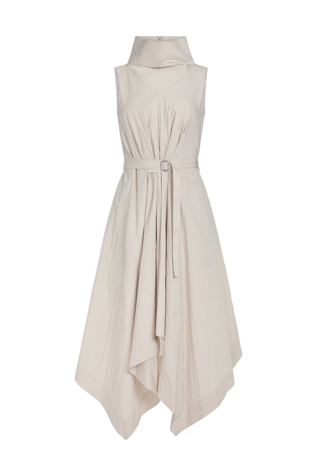 A sleeveless high-neck midi dress in a light cream or off-white color, featuring a self-tie waist belt and an asymmetrical draped hemline, shown against a plain white background.
