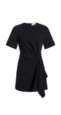 A black short-sleeve dress with a gathered twist detail at the waist and an asymmetrical draped hem, shown on a plain white background.