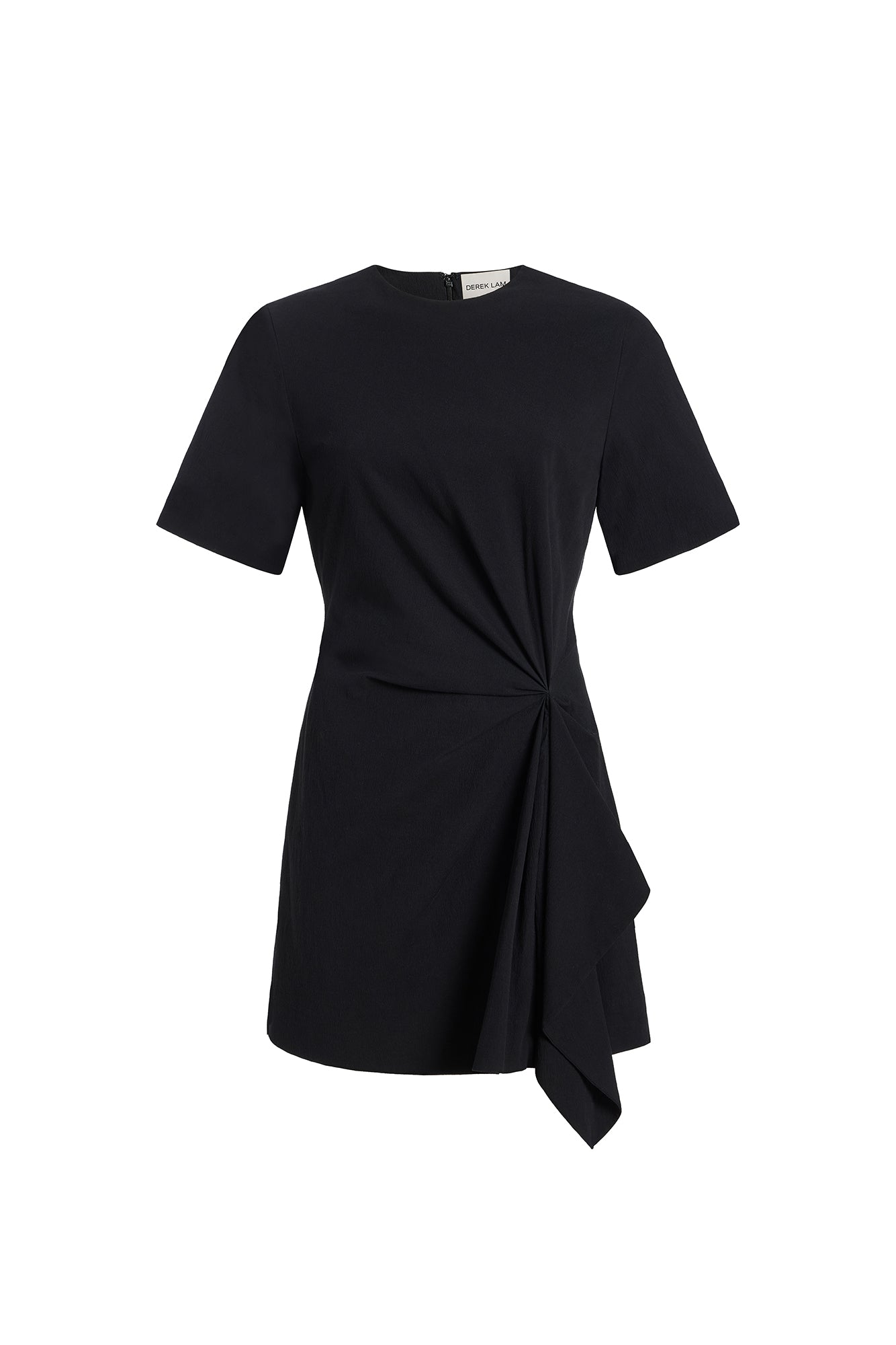 A black short-sleeve dress with a gathered twist detail at the waist and an asymmetrical draped hem, shown on a plain white background.