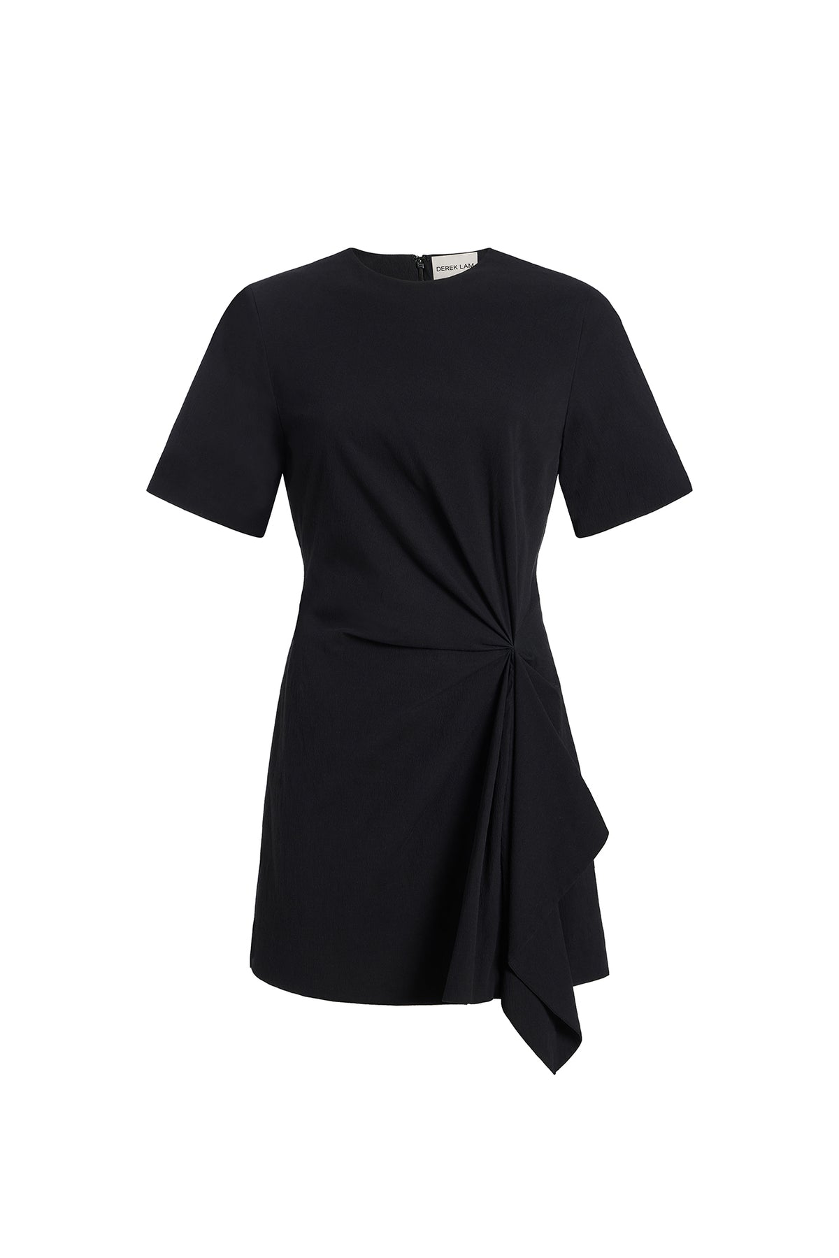 A black short-sleeve dress with a gathered twist detail at the waist and an asymmetrical draped hem, shown on a plain white background.