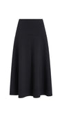 A black high-waisted A-line midi skirt with a structured waistband, shown against a plain white background.