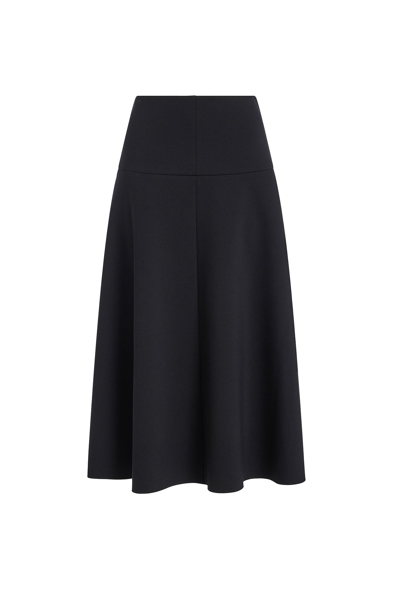 A black high-waisted A-line midi skirt with a structured waistband, shown against a plain white background.