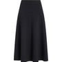 A black high-waisted A-line midi skirt with a structured waistband, shown against a plain white background.
