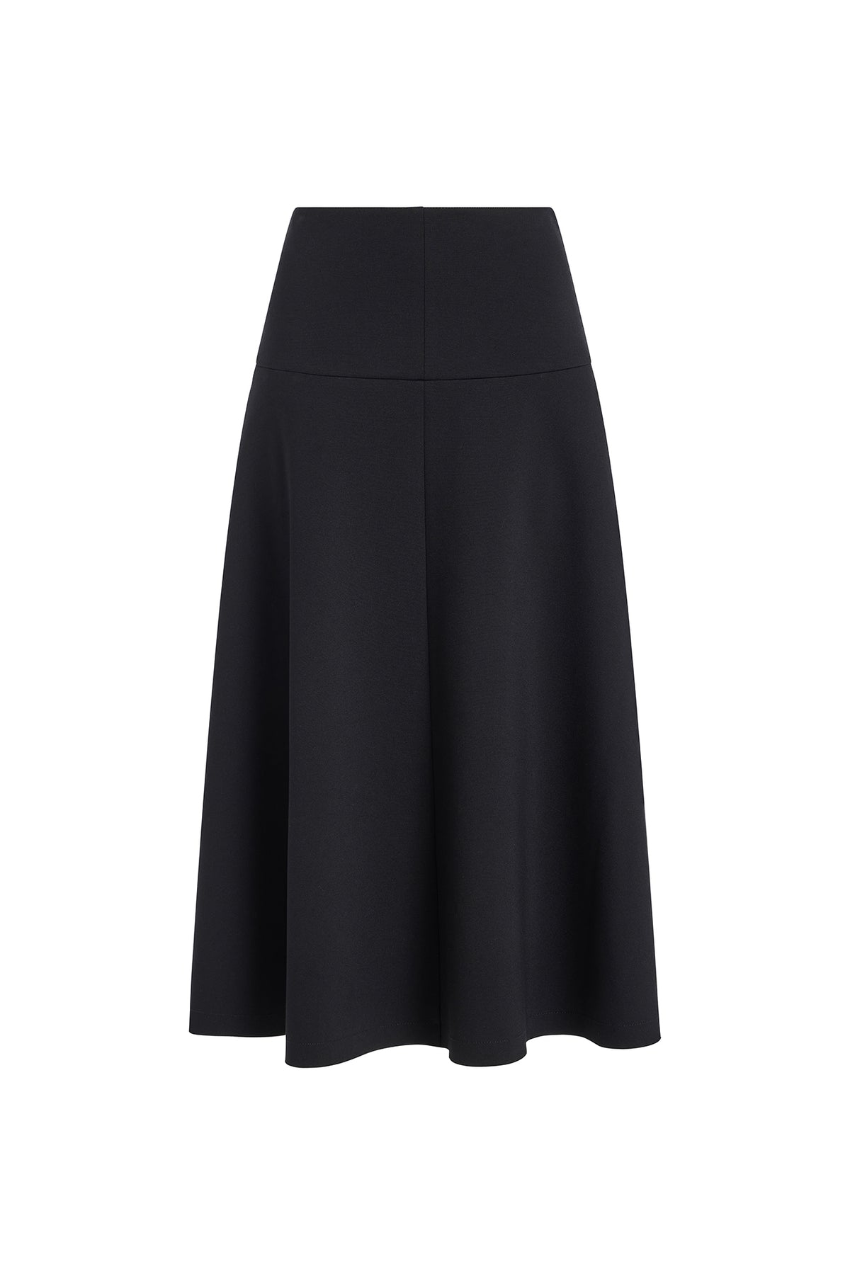 A black high-waisted A-line midi skirt with a structured waistband, shown against a plain white background.