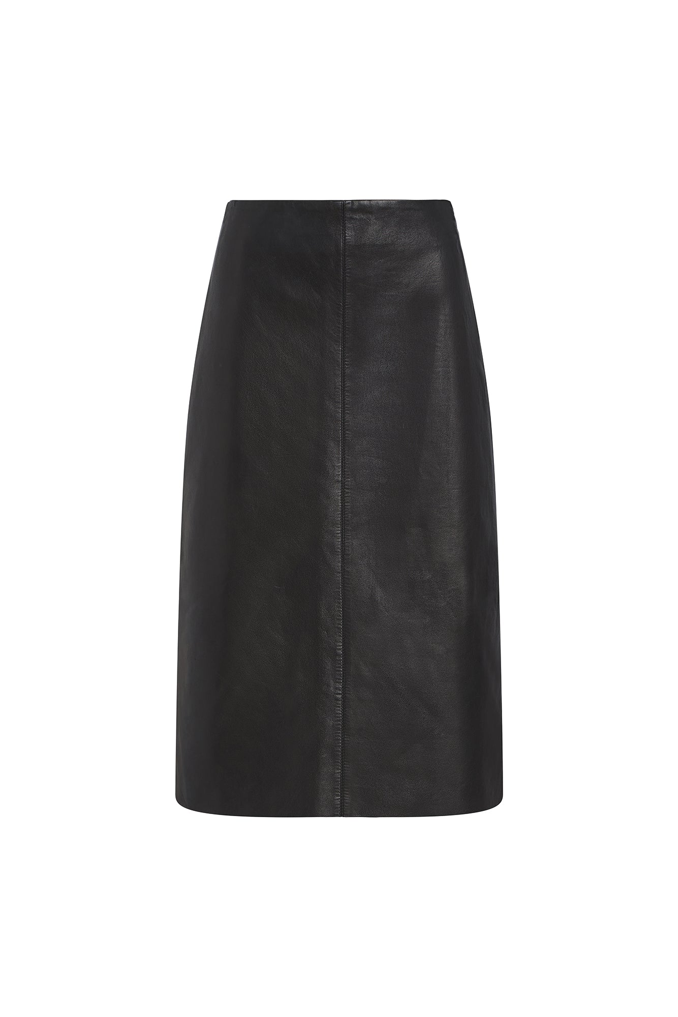 A black leather or faux-leather pencil skirt shown flat against a plain white background.