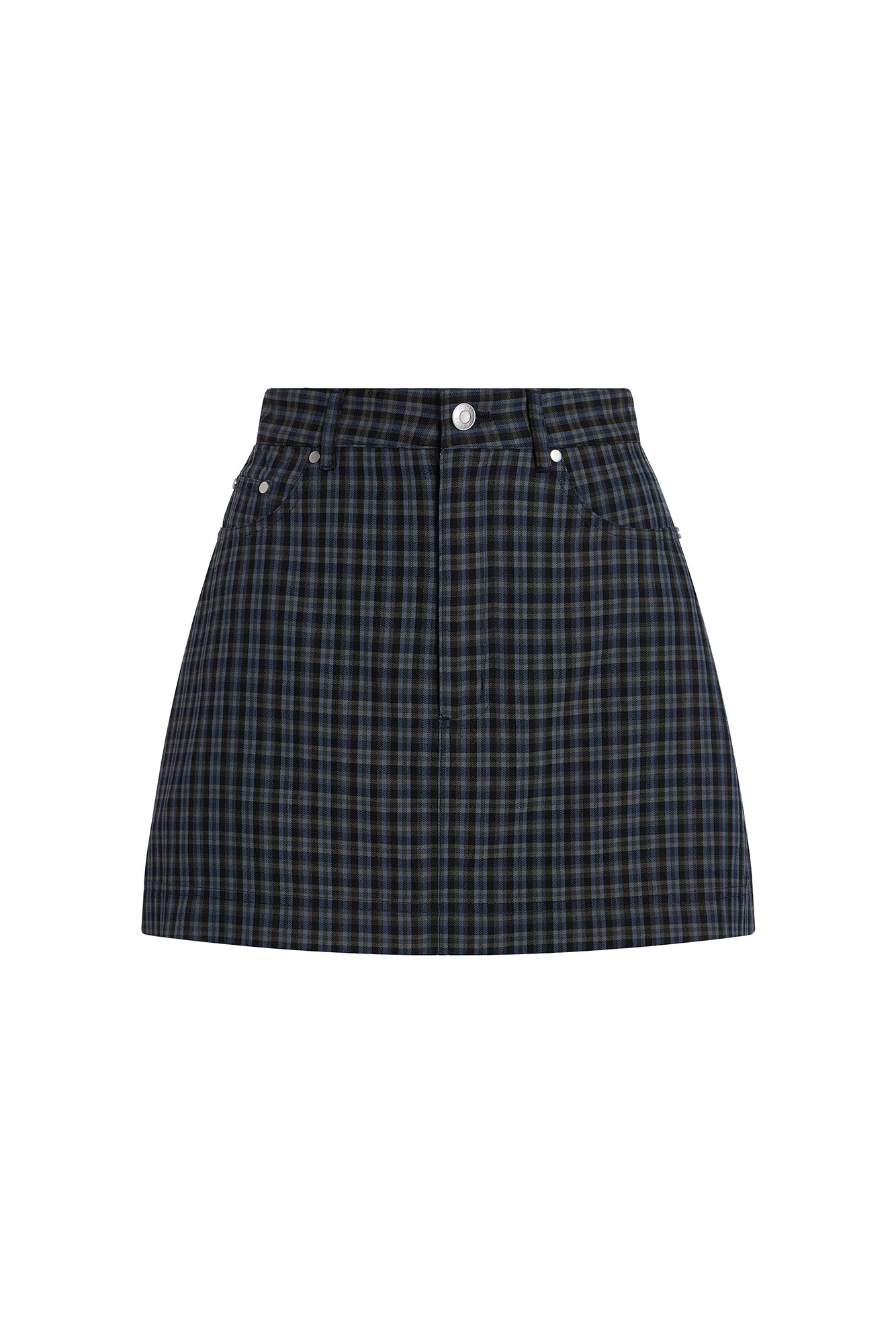 A dark navy and black plaid mini skirt with silver button details on the front waistband, shown flat against a white background.