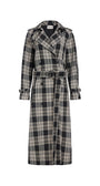 A long double-breasted plaid trench coat with a matching waist belt, shown flat against a plain white background.