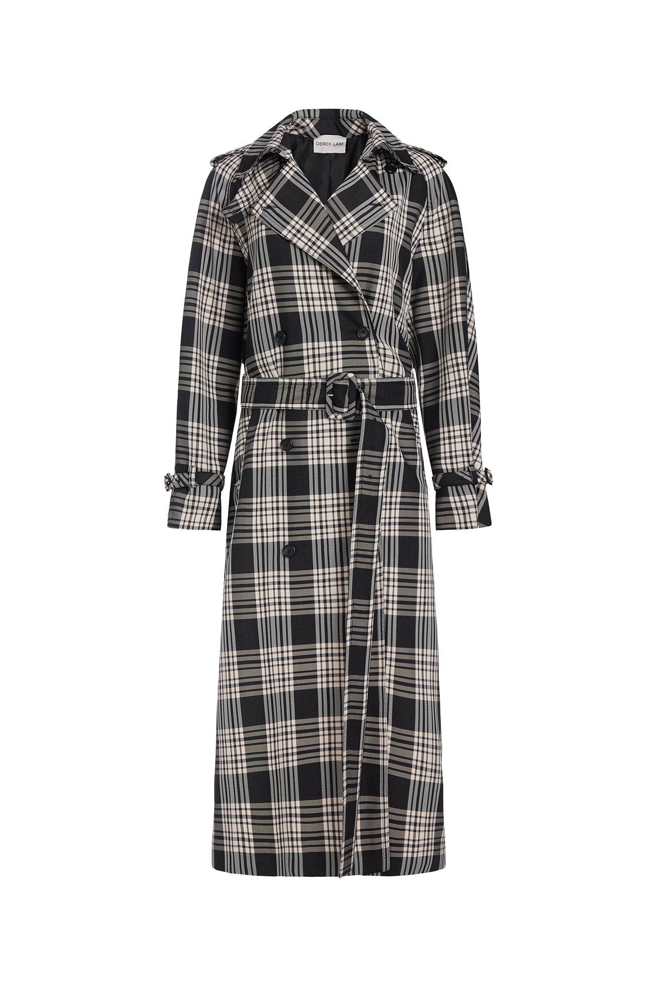 A long double-breasted plaid trench coat with a matching waist belt, shown flat against a plain white background.