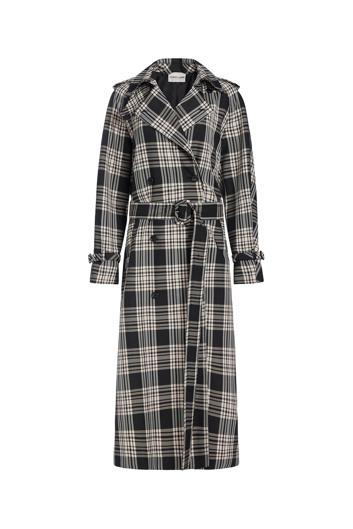 A long double-breasted plaid trench coat with a matching waist belt, shown flat against a plain white background.