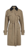 A beige trench coat with a contrasting black collar, featuring a belt, chest flap pockets, and lower patch pockets, shown against a plain white background.