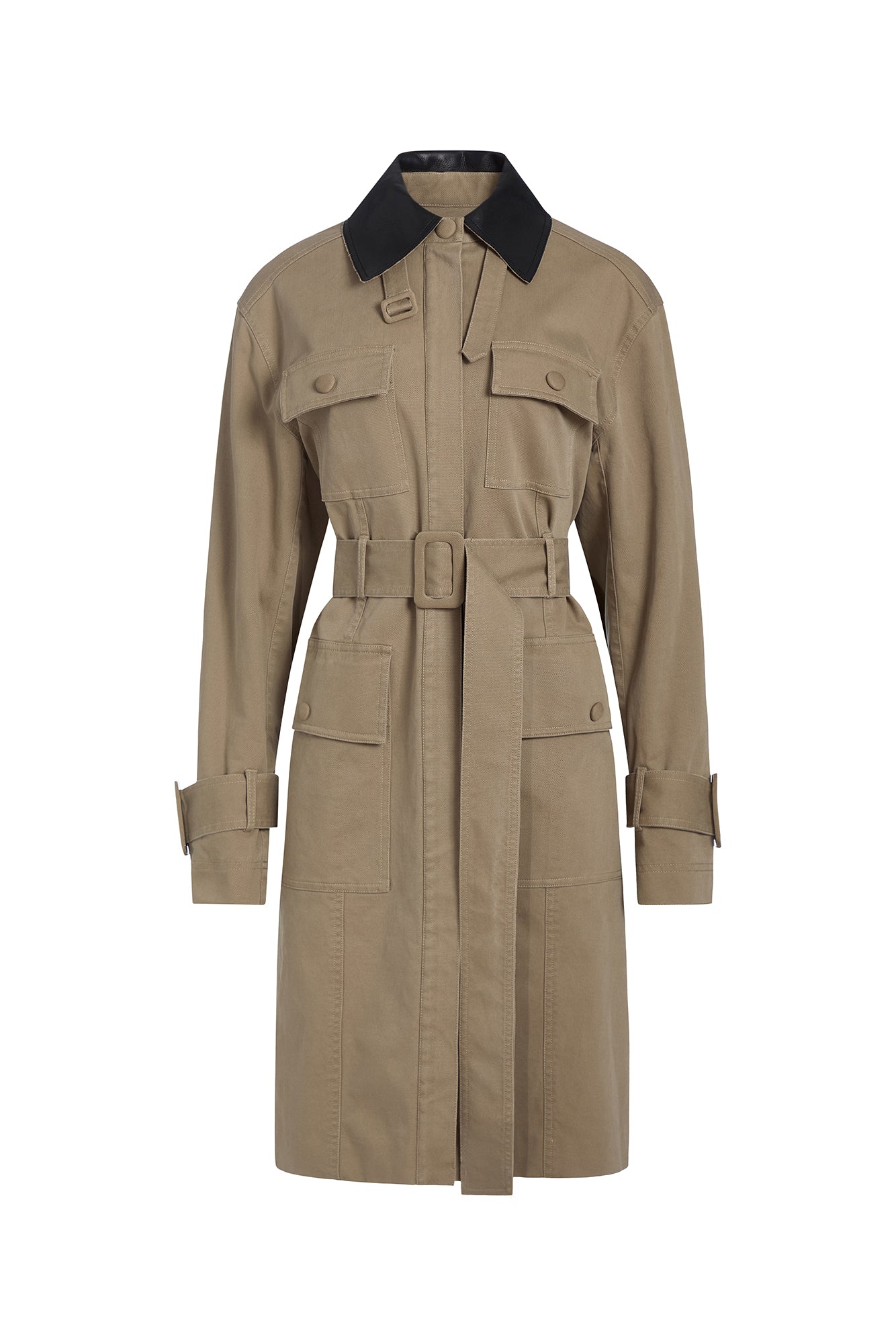 A beige trench coat with a contrasting black collar, featuring a belt, chest flap pockets, and lower patch pockets, shown against a plain white background.