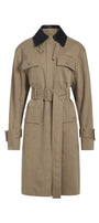 A beige trench coat with a contrasting black collar, featuring a belt, chest flap pockets, and lower patch pockets, shown against a plain white background.