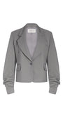 A gray cropped blazer with dramatic gathered sleeves, shown flat against a white background. 