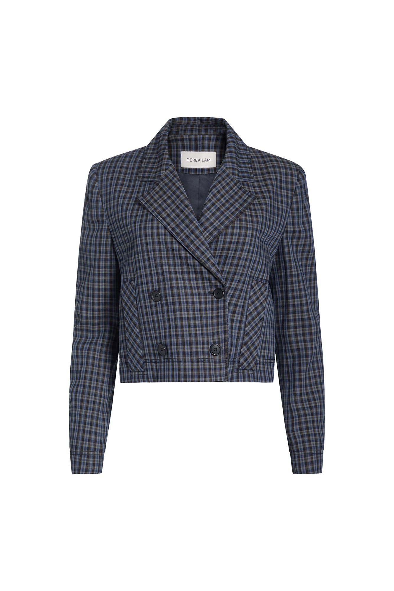 A cropped double-breasted blazer in a dark navy and black plaid pattern, featuring notched lapels and front flap pockets, shown against a plain white background.