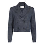 A cropped double-breasted blazer in a dark navy and black plaid pattern, featuring notched lapels and front flap pockets, shown against a plain white background.