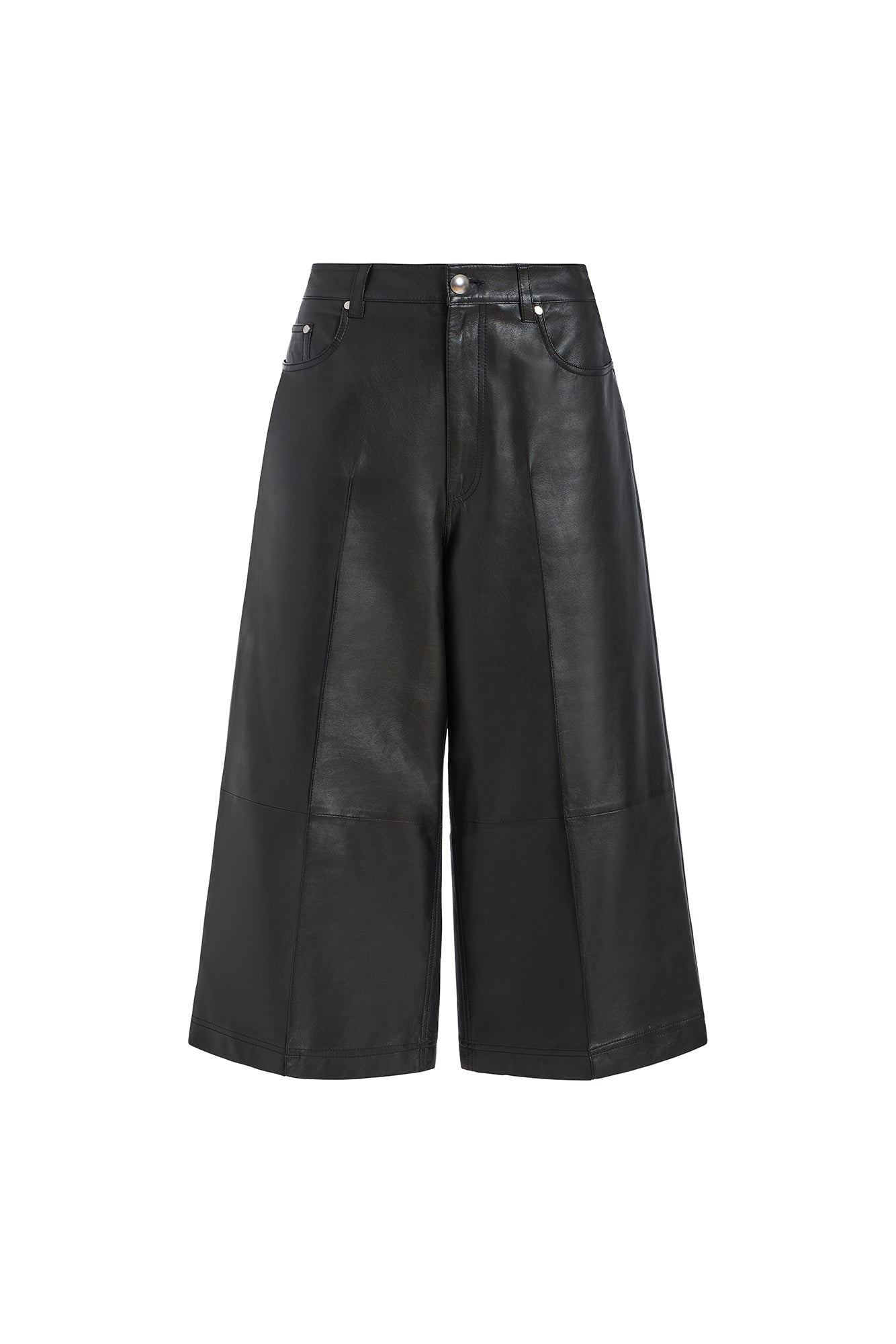 Black faux leather cropped wide-leg pants with pleated front panels, shown flat on a white background.