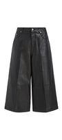 Black faux leather cropped wide-leg pants with pleated front panels, shown flat on a white background.