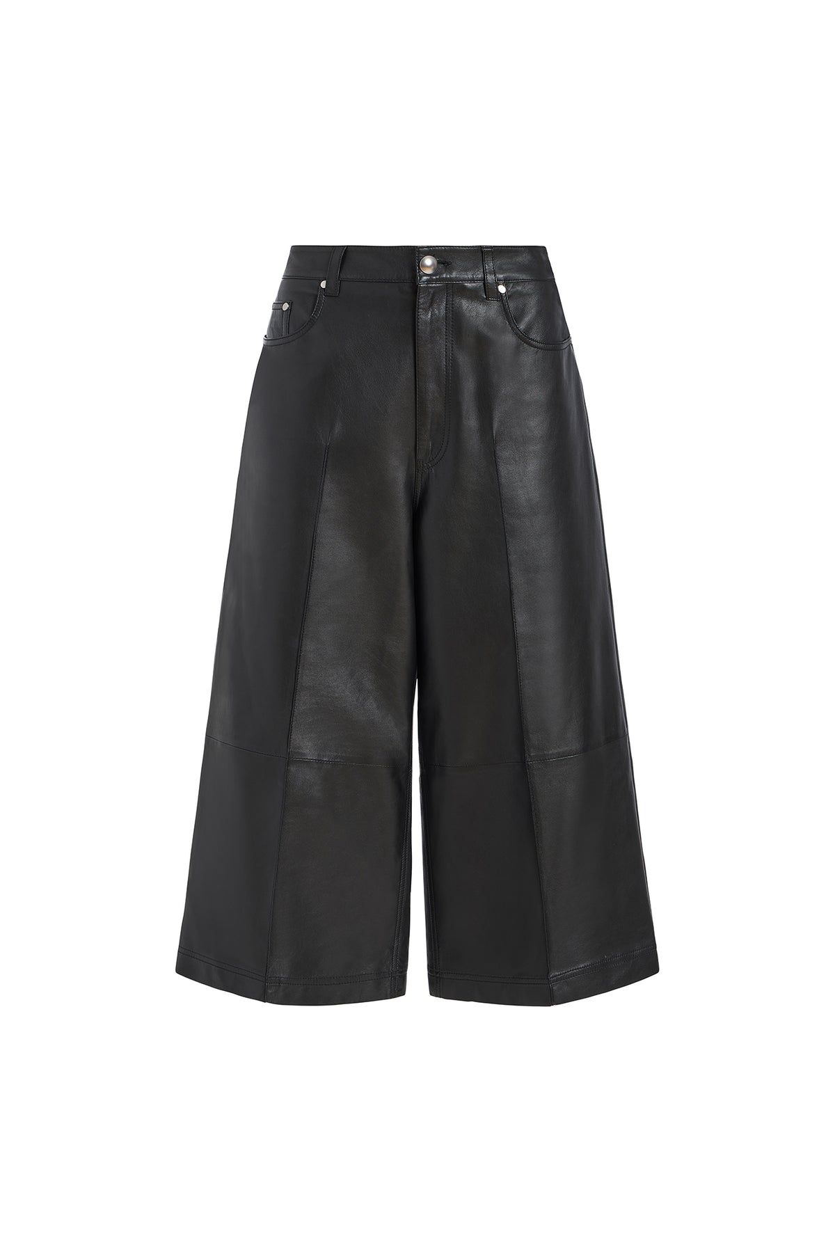 Black faux leather cropped wide-leg pants with pleated front panels, shown flat on a white background.