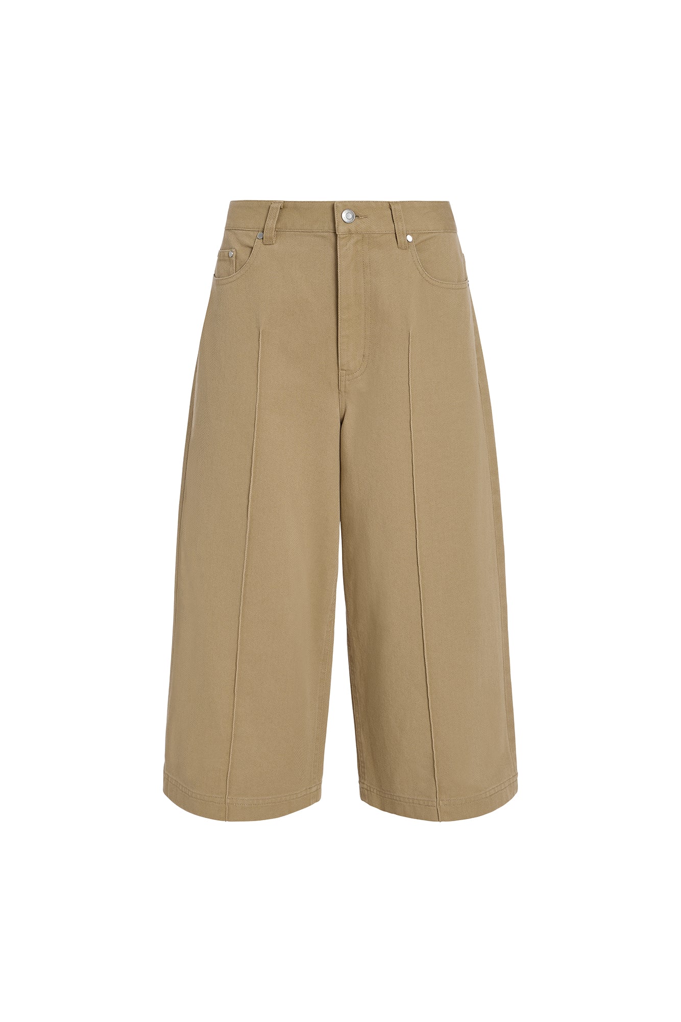 A pair of beige wide-leg cropped pants with front pleats, shown flat against a plain white background.