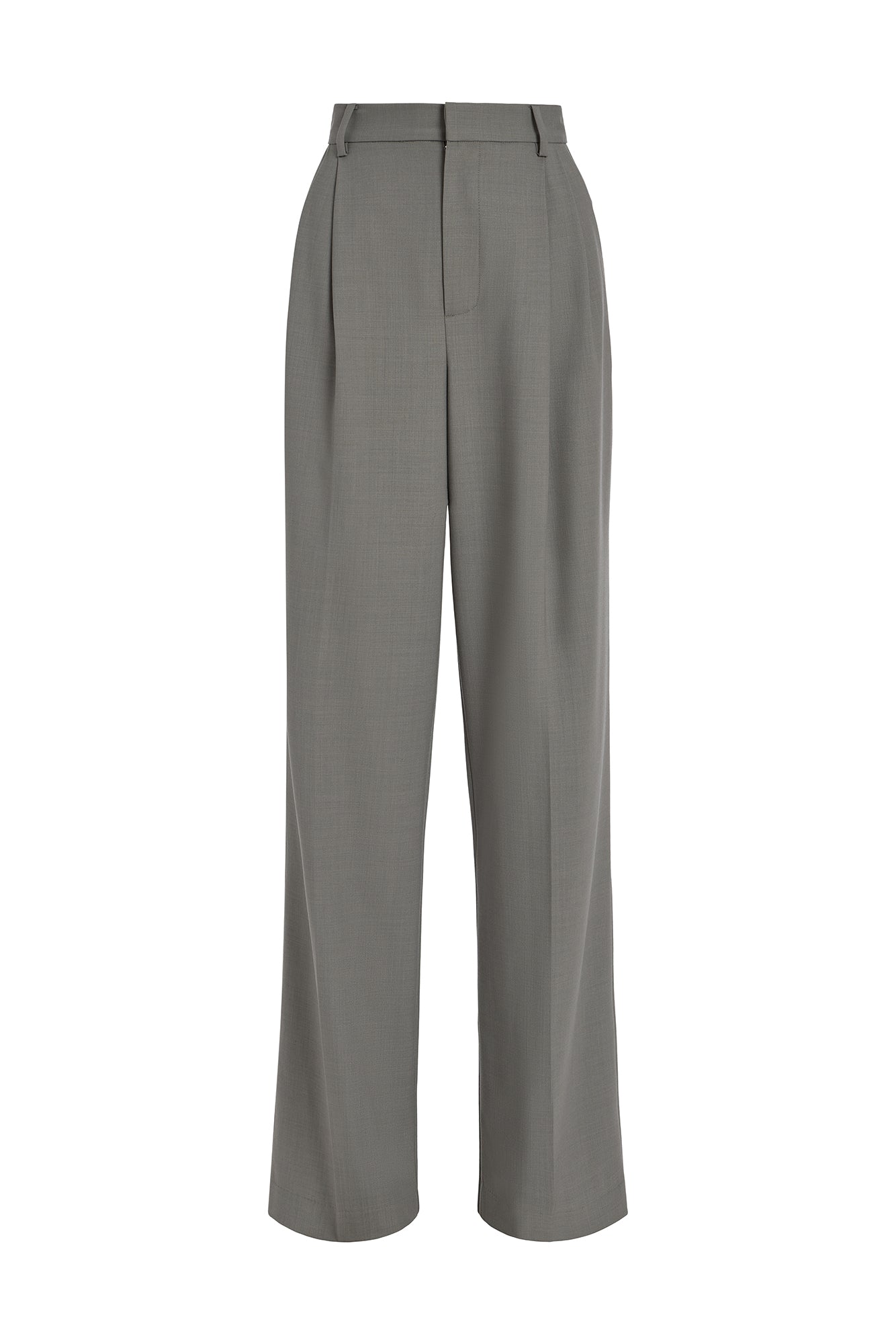 A pair of dark gray wide-leg trousers with front pleats, shown flat against a plain white background.