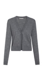 A gray long-sleeve knit cardigan with a V-neck and front buttons, shown on a plain white background.
