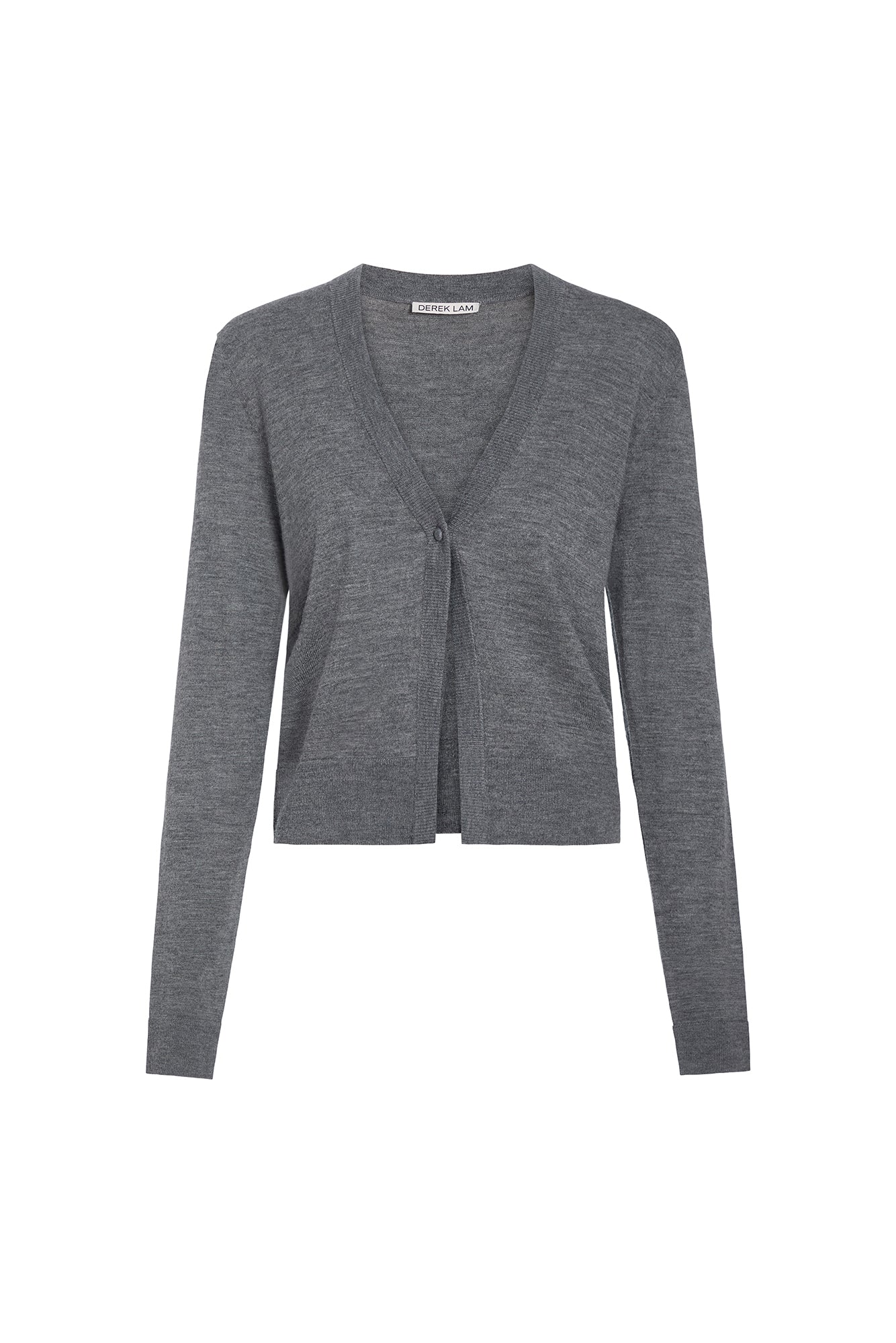 A gray long-sleeve knit cardigan with a V-neck and front buttons, shown on a plain white background.