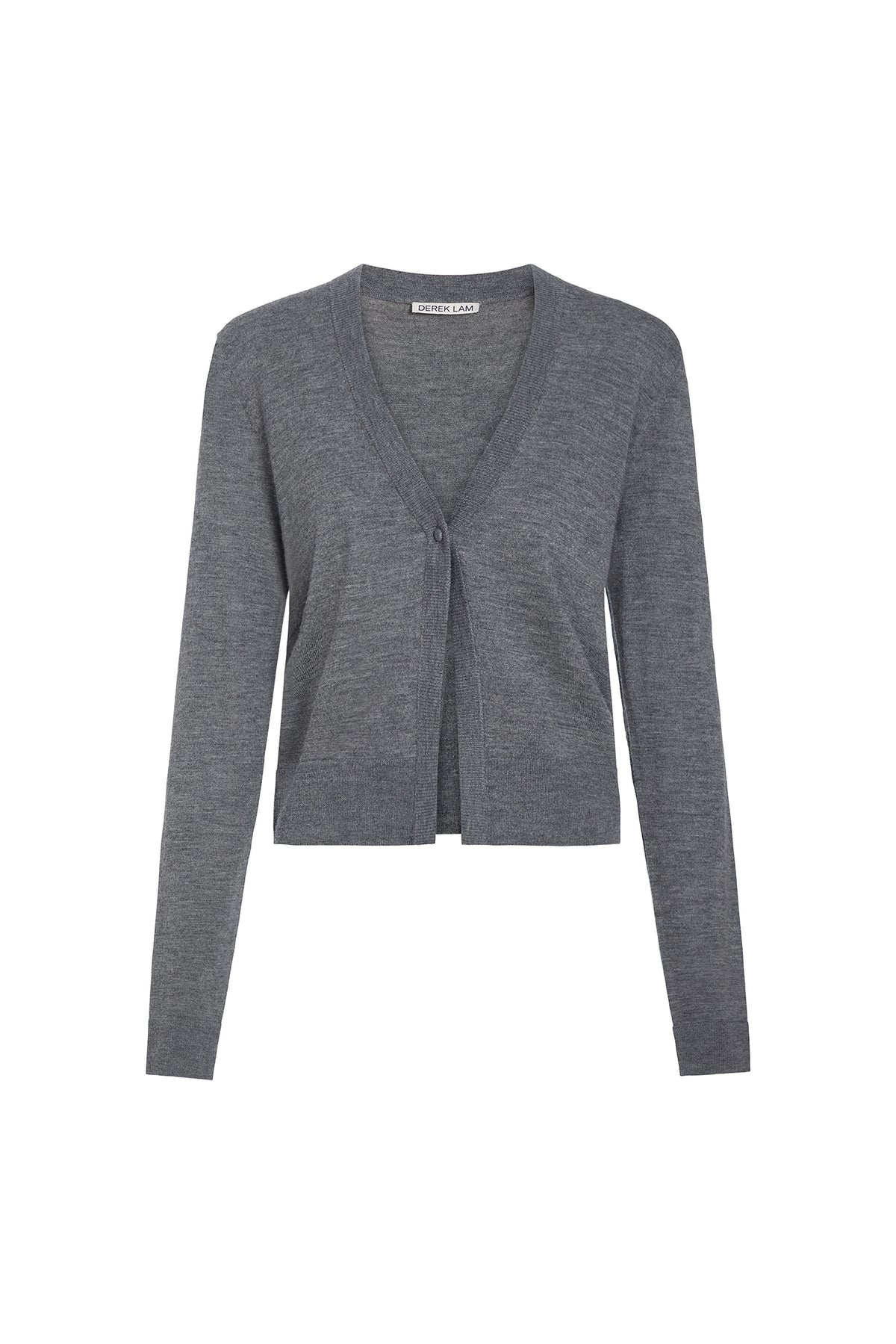A gray long-sleeve knit cardigan with a V-neck and front buttons, shown on a plain white background.