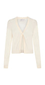 A cream-colored long-sleeve knit cardigan by Gersha Lam, featuring a V-neckline with a tie-front button closure, shown against a plain white background.