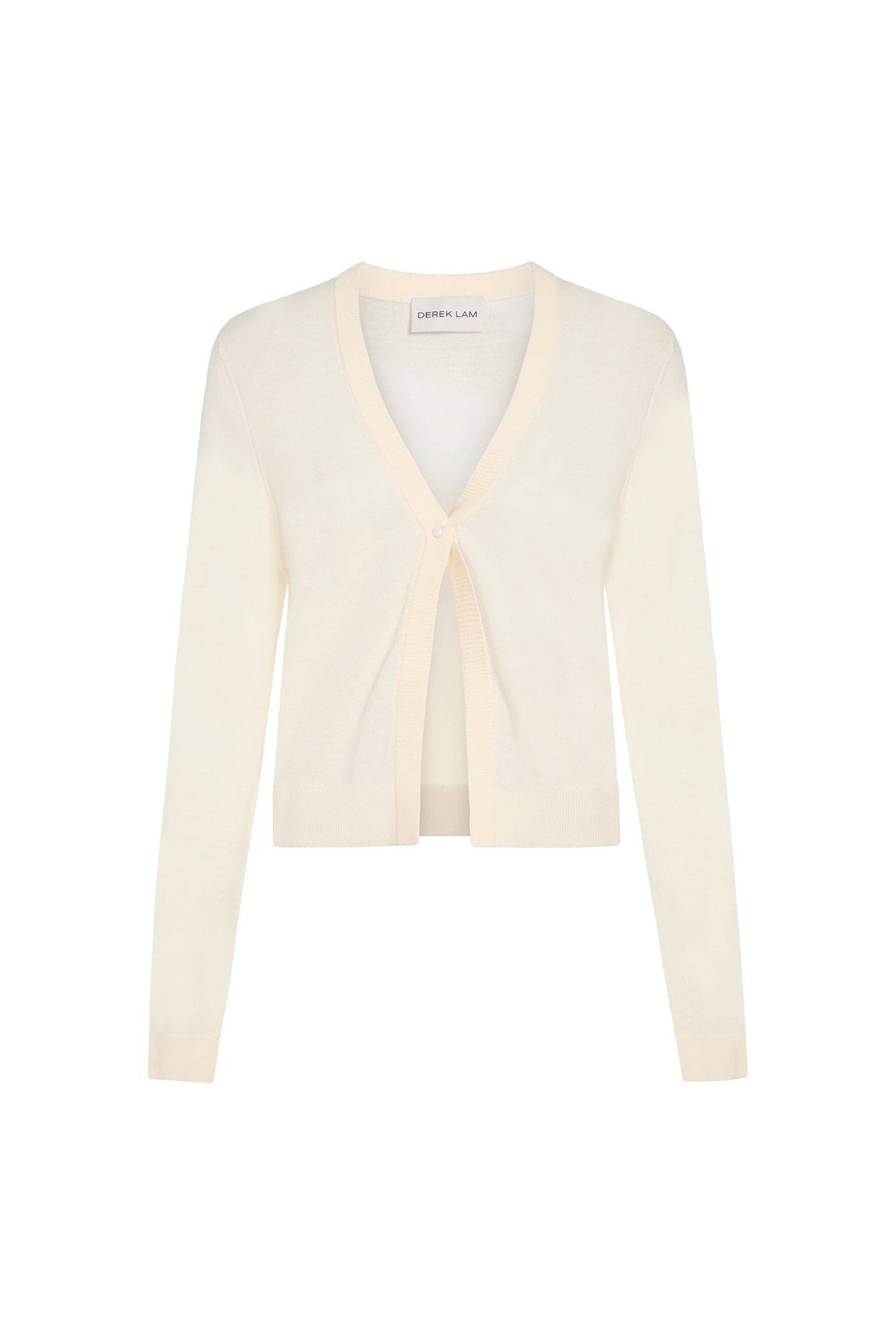 A cream-colored long-sleeve knit cardigan by Gersha Lam, featuring a V-neckline with a tie-front button closure, shown against a plain white background.