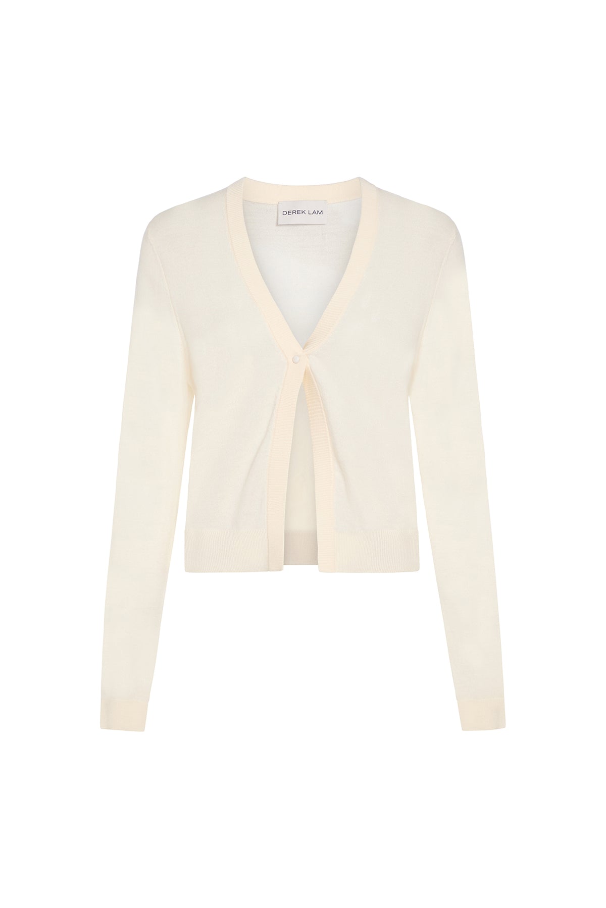 A cream-colored long-sleeve knit cardigan by Gersha Lam, featuring a V-neckline with a tie-front button closure, shown against a plain white background.