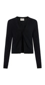 A black long-sleeve knit cardigan by Cleo de Lange, featuring a V-neckline and a front button closure, displayed on a clean white background.