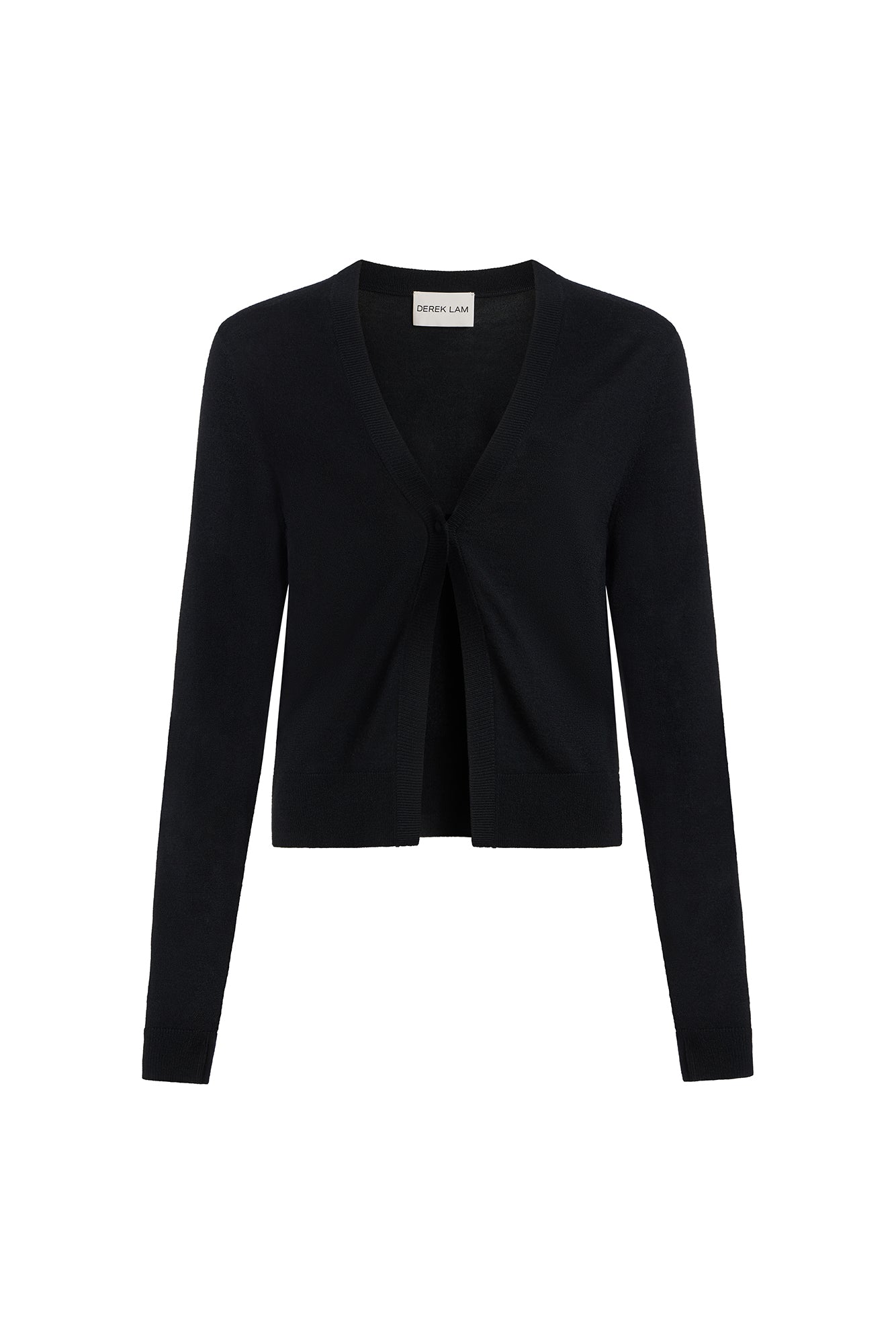 A black long-sleeve knit cardigan by Cleo de Lange, featuring a V-neckline and a front button closure, displayed on a clean white background.